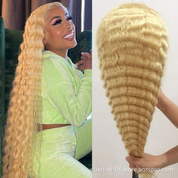 High Quality Manufacturer 180 Density Curly Ombre 40 30 Inch Deep Wave Blonde Dyed Wholesale Wig Raw Frontal Human Hair Wigs